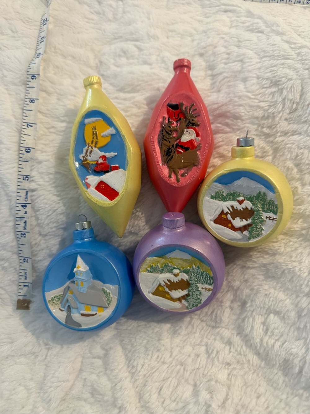 Vintage ‘77 Hand-Painted Holiday Ornaments Set - Red, Yellow, Blue, Purple